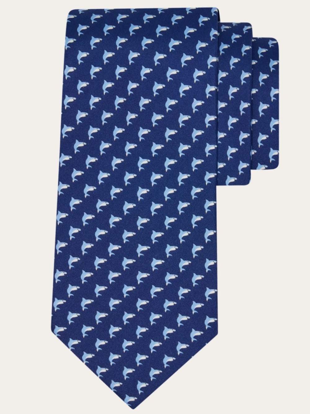 Ferragamo 100% Silk Tie Micro Shark Print Navy Blue Made In Italy